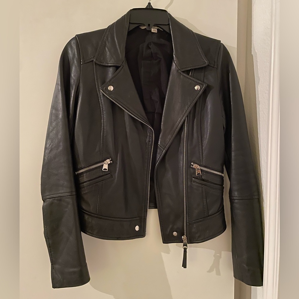 ZARA Genuine Lamb Leather Biker/Moto Cropped Jacket-Trafakuc Coat Black/Silver